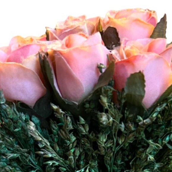 Silk Pink Tea Rose Plant Resin Planter Gold Wire Ribbon 7" Tall x 5.5" Square - Picture 11 of 13